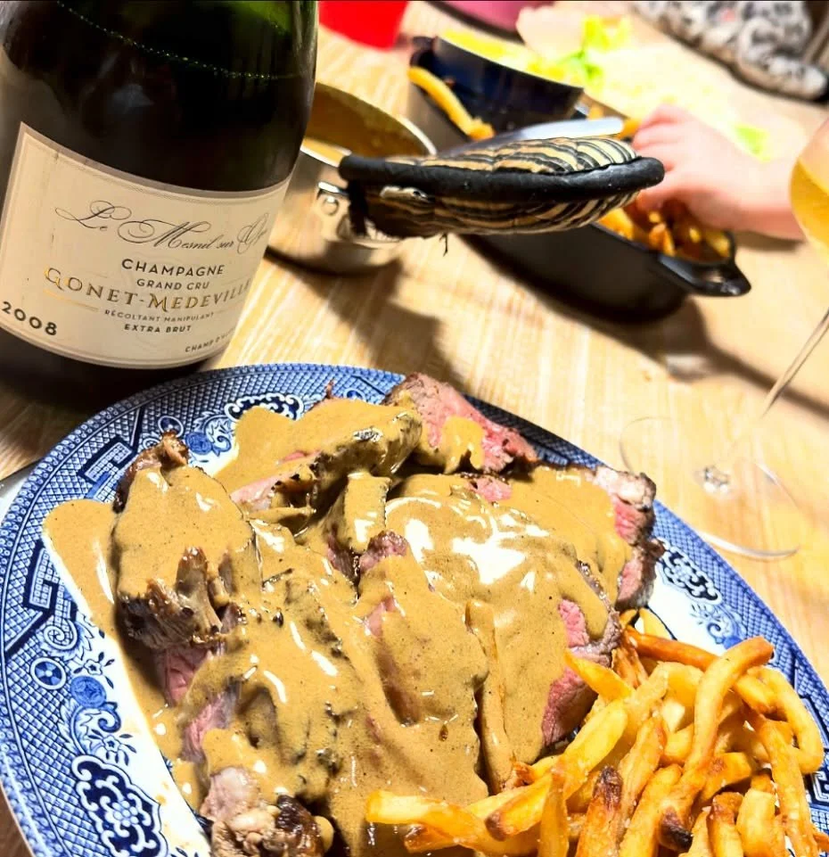 When the wife wants champagne and fries&hellip; you make it for her&hellip; Steak Frites au poivre&hellip; gotta love the classics yes the champagne worked it magic!!! #wine #champagne #frites #steak #love