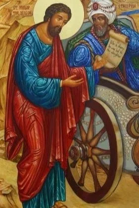 Iconic portrait of Saint Philip meeting the Ethiopian official in the desert