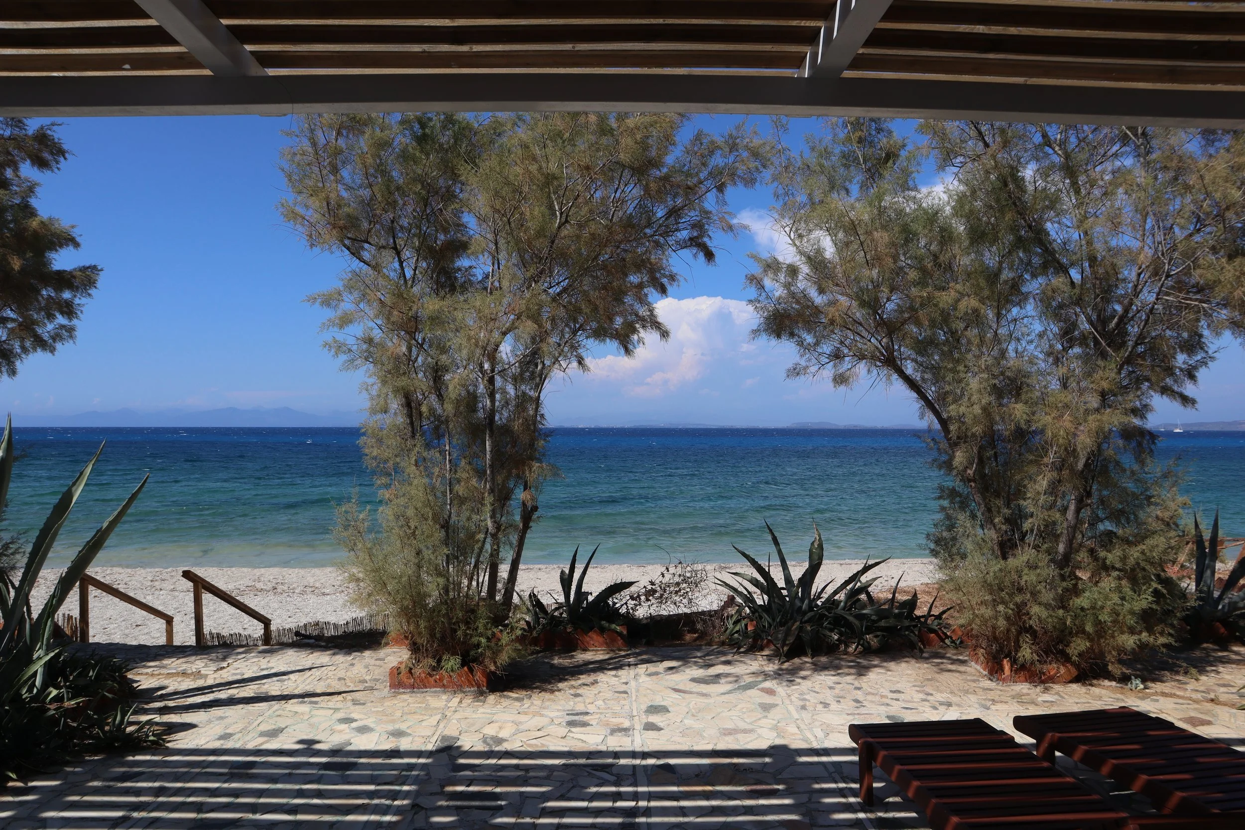 Beach view from shaded patio with trees, lounge chairs, and a sandy shoreline leading to blue ocean and distant islands.