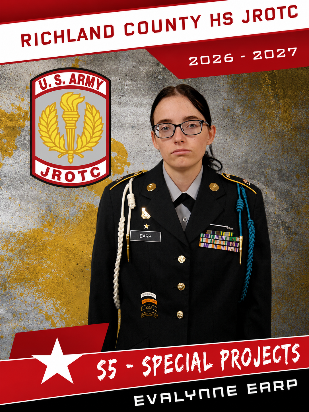 A young woman in a military uniform standing in front of a backdrop with the U.S. Army JROTC emblem and text about her achievements, including 55 special projects for the school year 2026-2027.