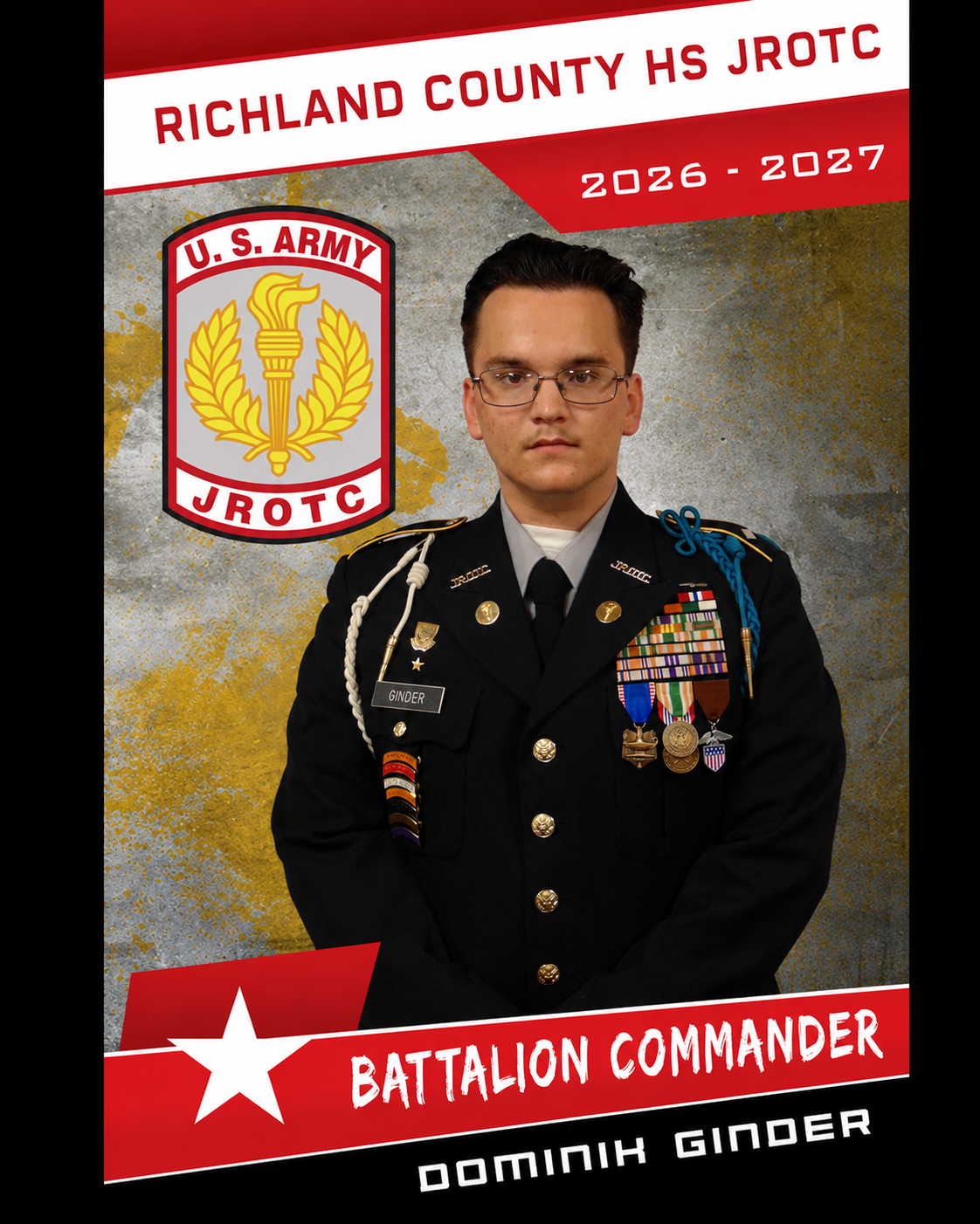Army JROTC Battalion Commander Dominik Ginder in uniform, with medals and insignia, standing in front of a banner with the Army JROTC emblem and text for high school in Richland County, for 2026-2027 school year.