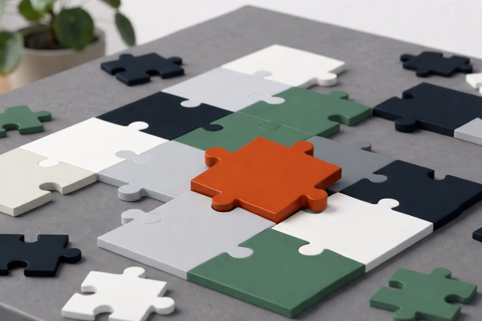 Puzzle pieces of various colors arranged together on a table, with one orange piece in the center.