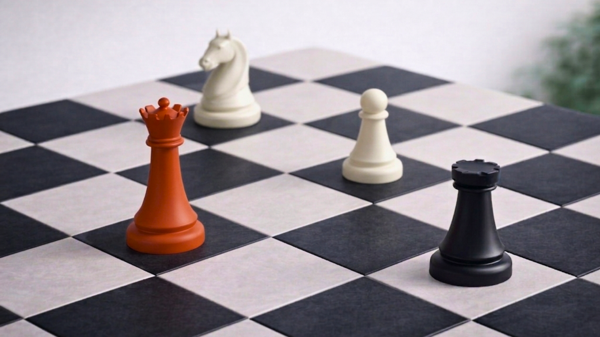 A chessboard with a white knight, a black rook, a white pawn, and a red king chess piece on black and white squares.