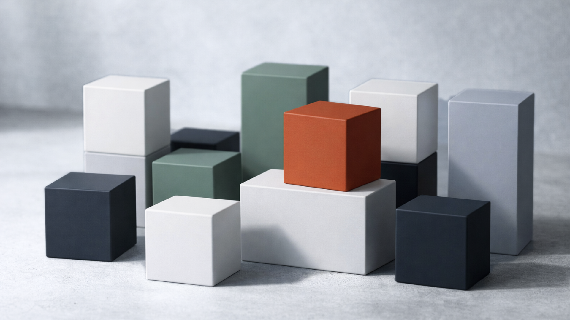 Colorful geometric blocks arranged on a light surface.