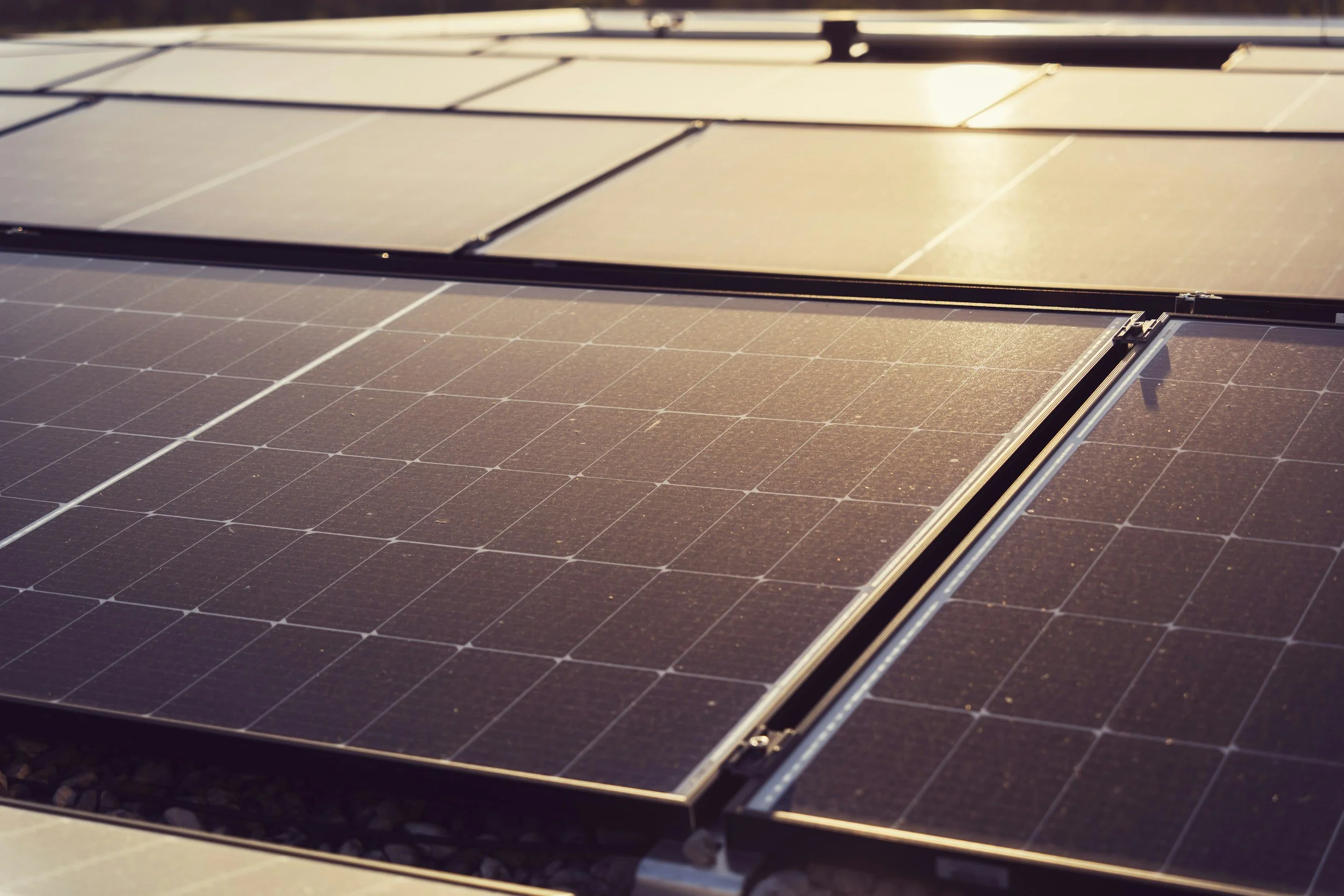 Close-up of solar panels installed on a rooftop, reflecting sunlight.
