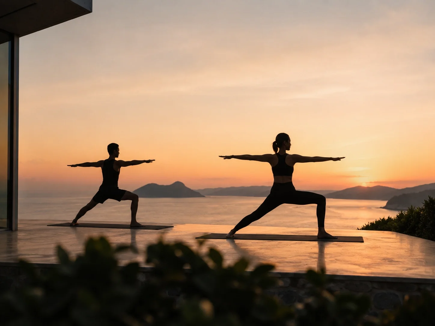 Två personer utövar yoga på en terrass vid solnedgången med hav och berg i bakgrunden.