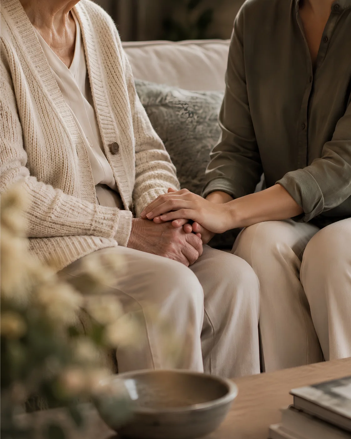 Två personer sitter nära varandra och håller handen; en äldre person och en yngre person, i ett mysigt rum.