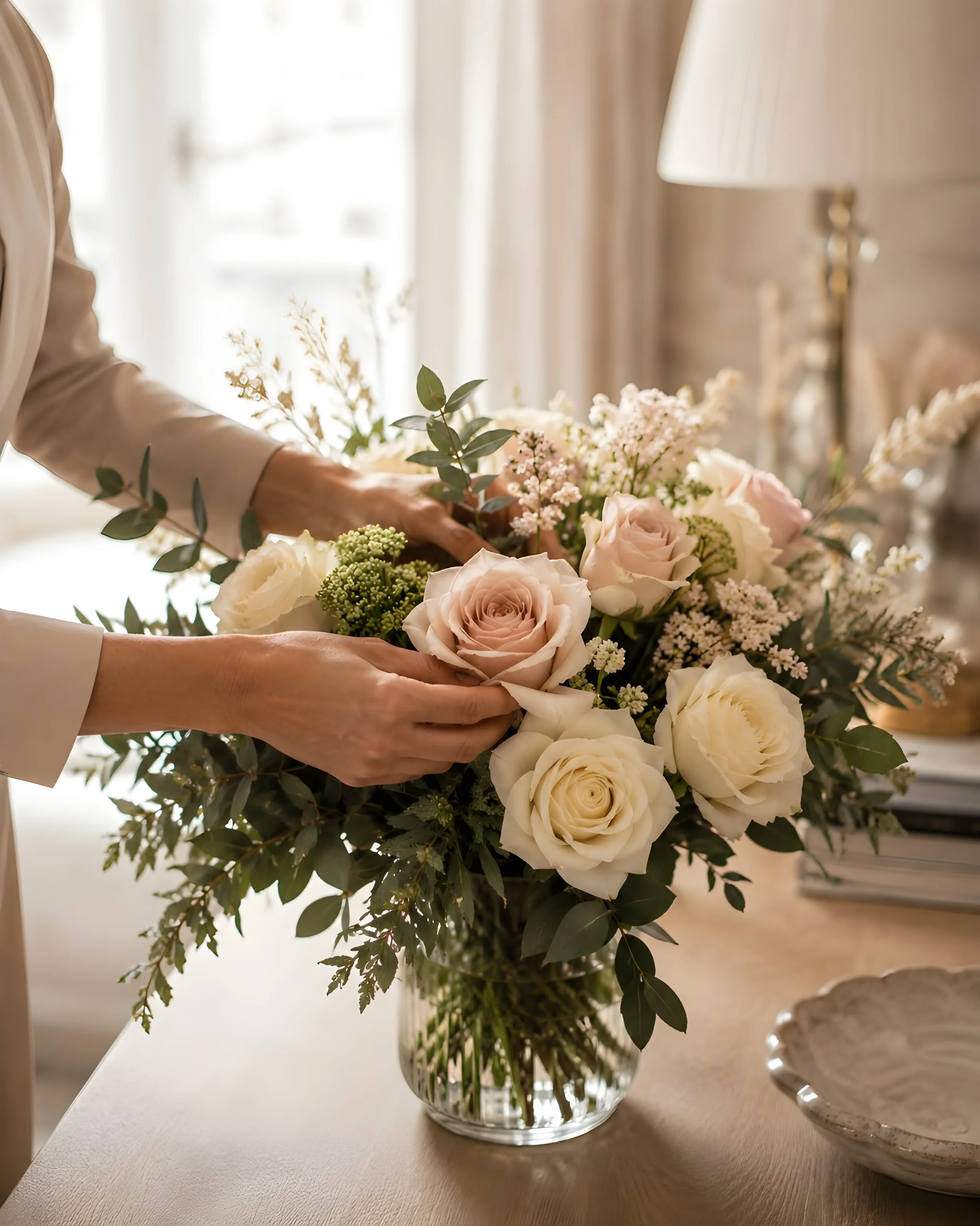 En bukett av vita och ljusrosa blommor i en glasvask på ett bord, inomhus, med ljus och gardiner i bakgrunden.