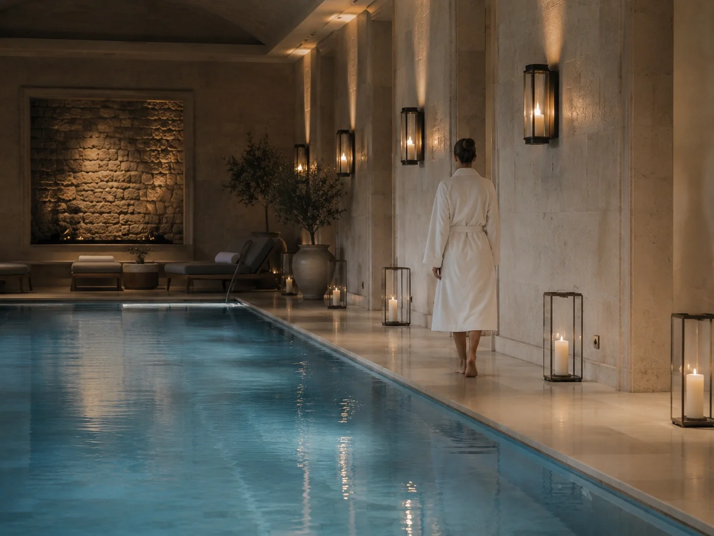 En person i en vit badrock går längs en poolkant i ett spa eller hotellrum med varma ljus och inomhus växter.