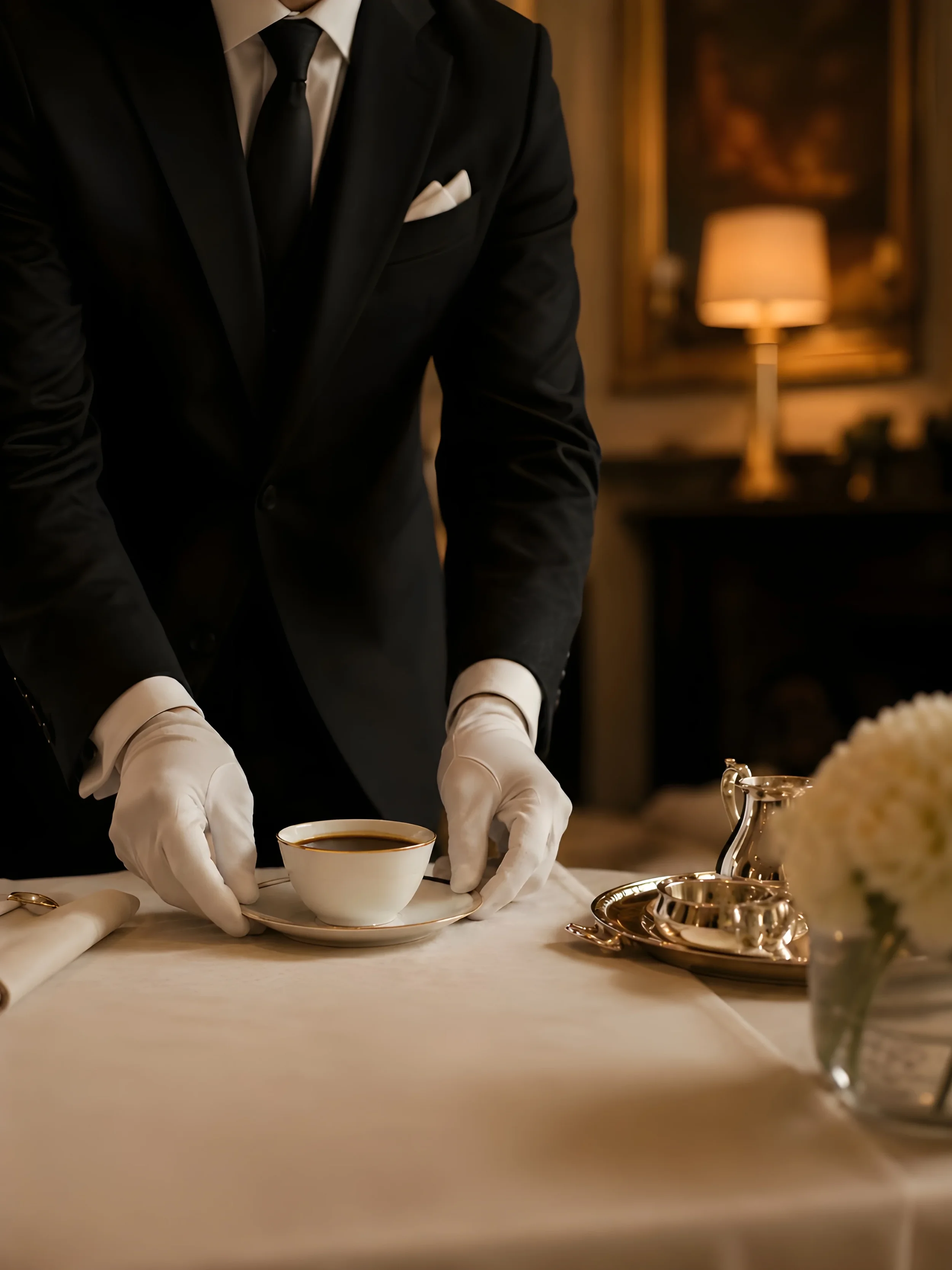 En person i formell klädsel, vit handskar, ställer fram en kopp kaffe på ett fint dukat bord.