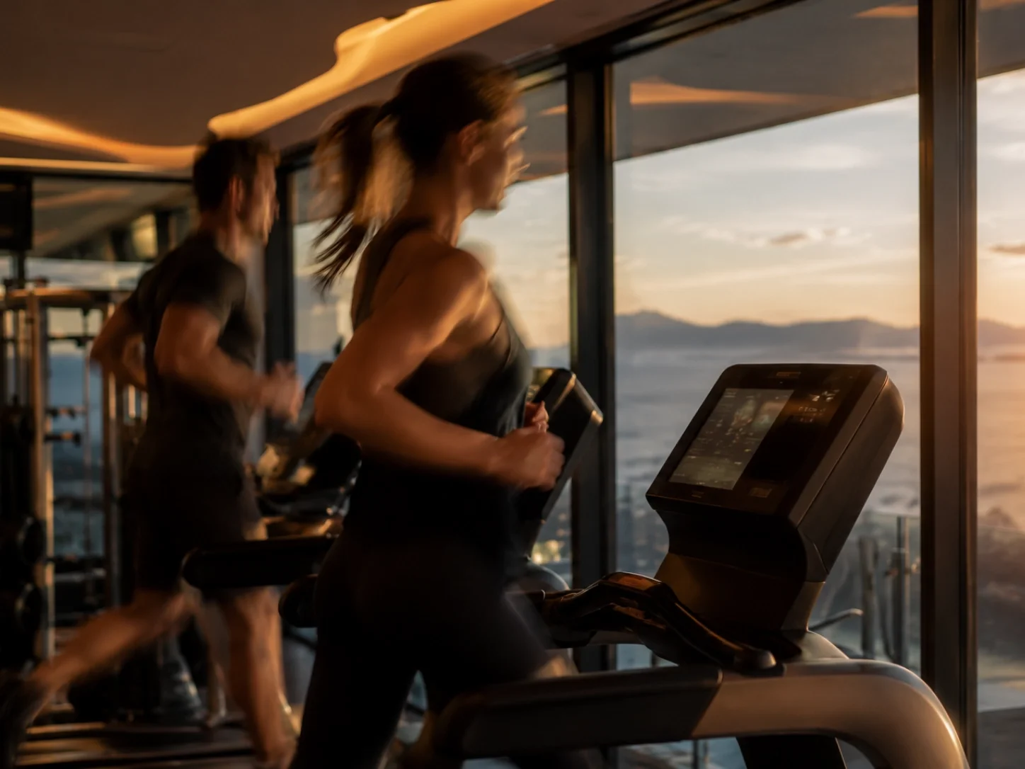 Tre personer tränar på löpband i ett gym under solnedgången med havsutsikt.
