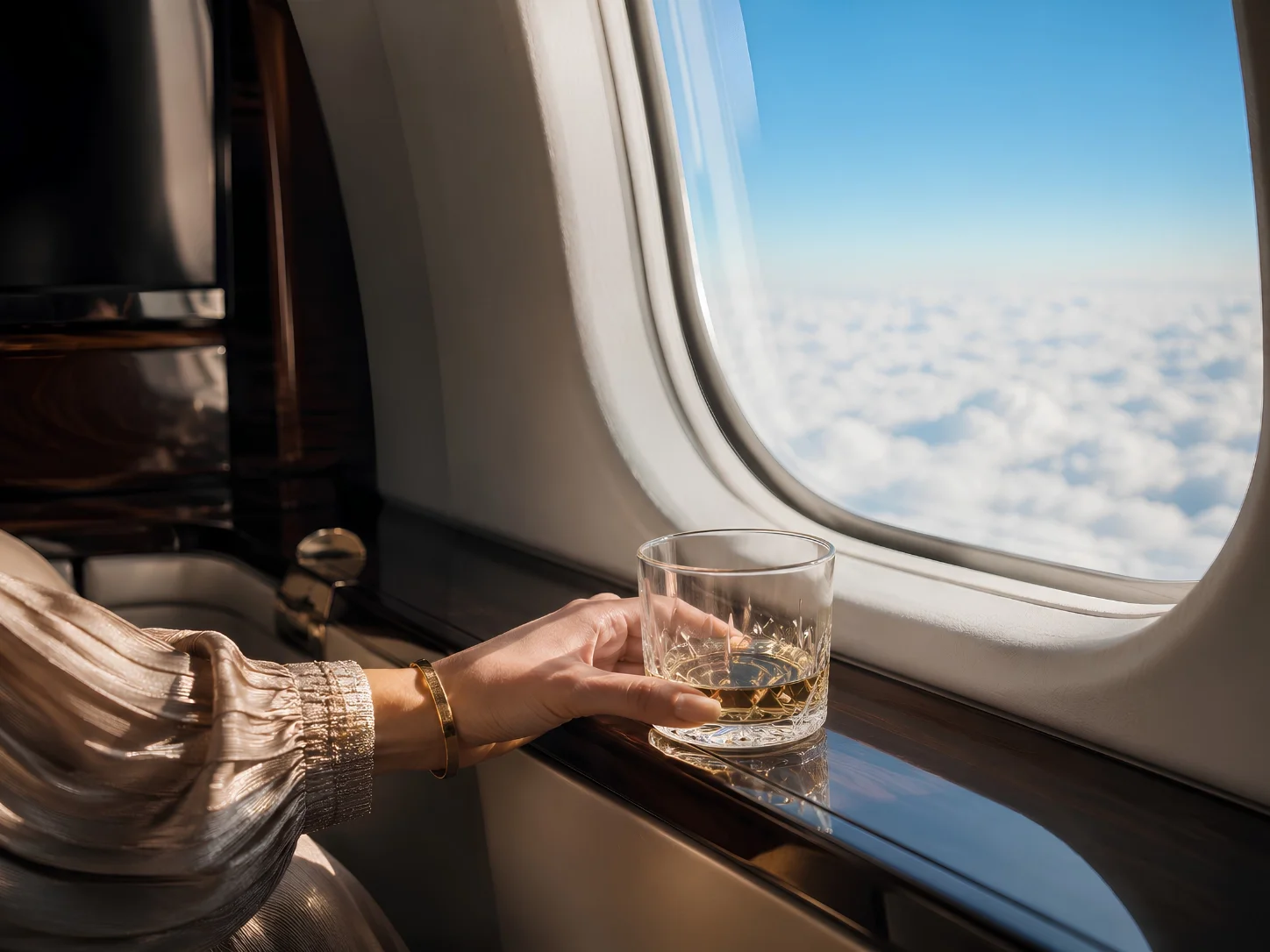 En person håller ett glas med whiskey vid flygplansfönstret, med moln och blå himmel utanför.