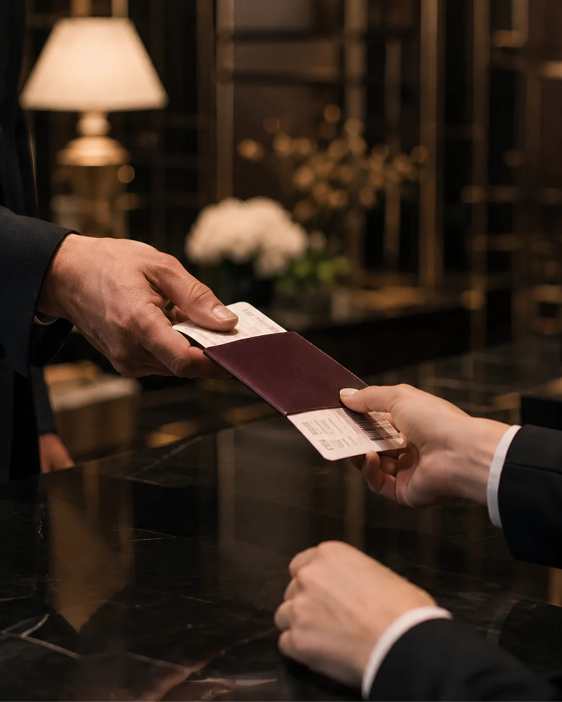 Personer lämnar sina boardingkort eller biljetter till personalen bakom ett hotell- eller flygplatsdisken.