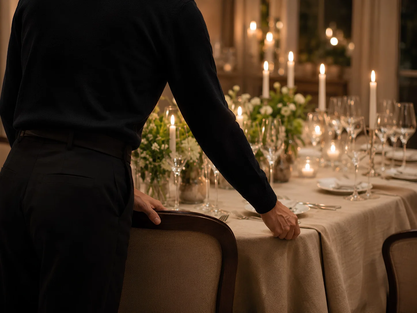 Person som förbereder ett dukat middagsbord med ljus, blommor och vinglas i ett elegant rum.
