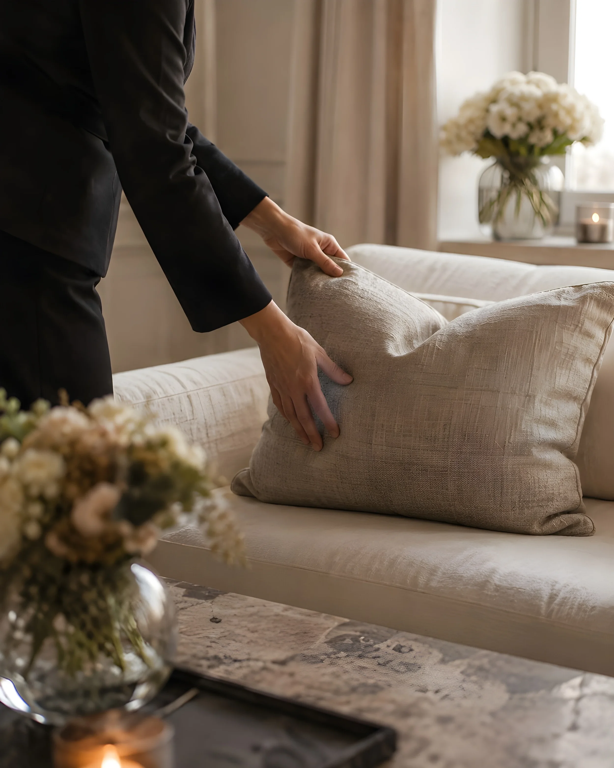 En person placerar ett vadderat kuddöverdrag på en beige soffa i ett vardagsrum, med blommor i bakgrunden.