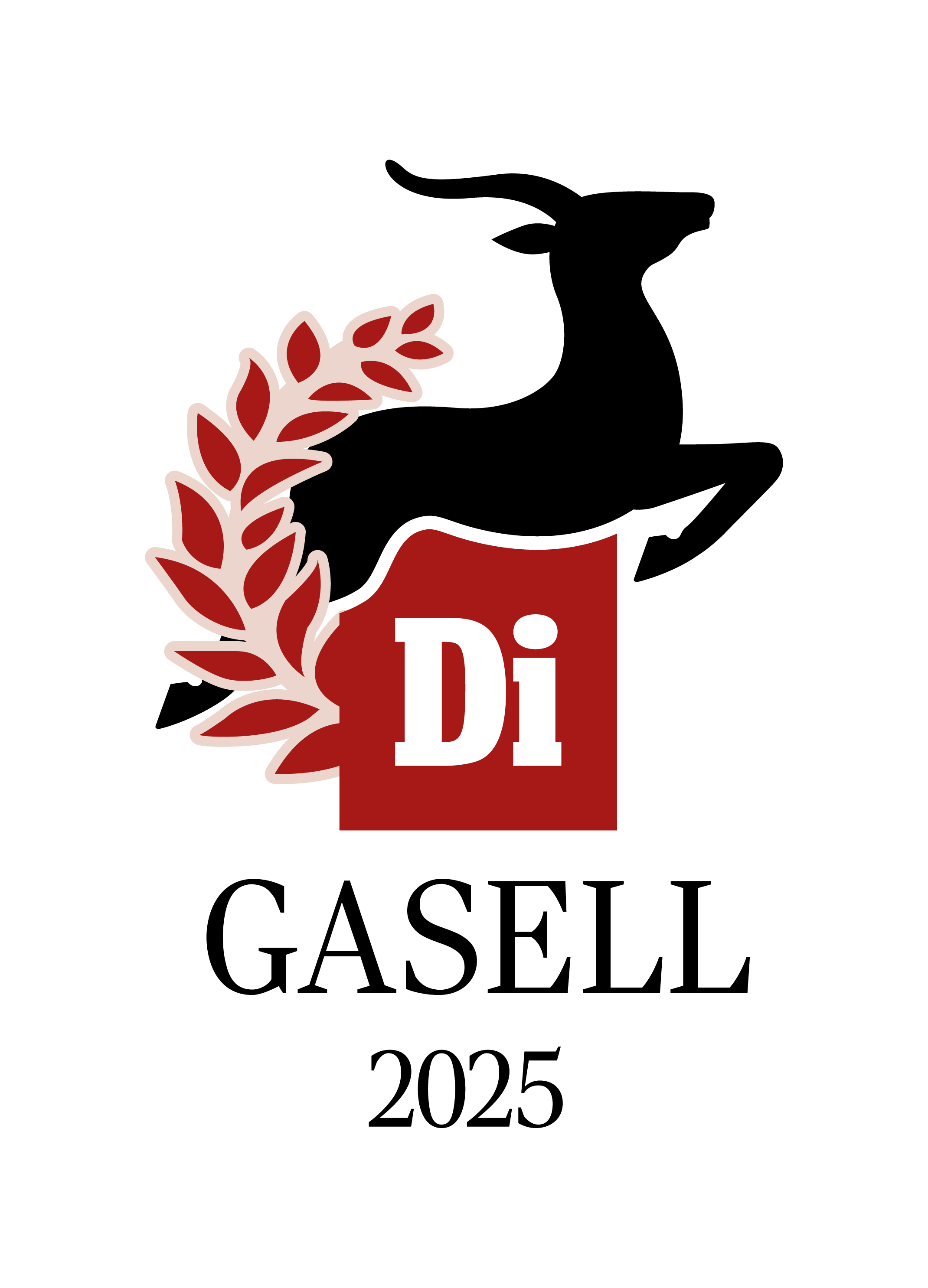 En logo med en rödfärgad bakgrund som har ett vitt stort D och ett liten i bredvid det, omgiven av en kransliknande design av röda blad.