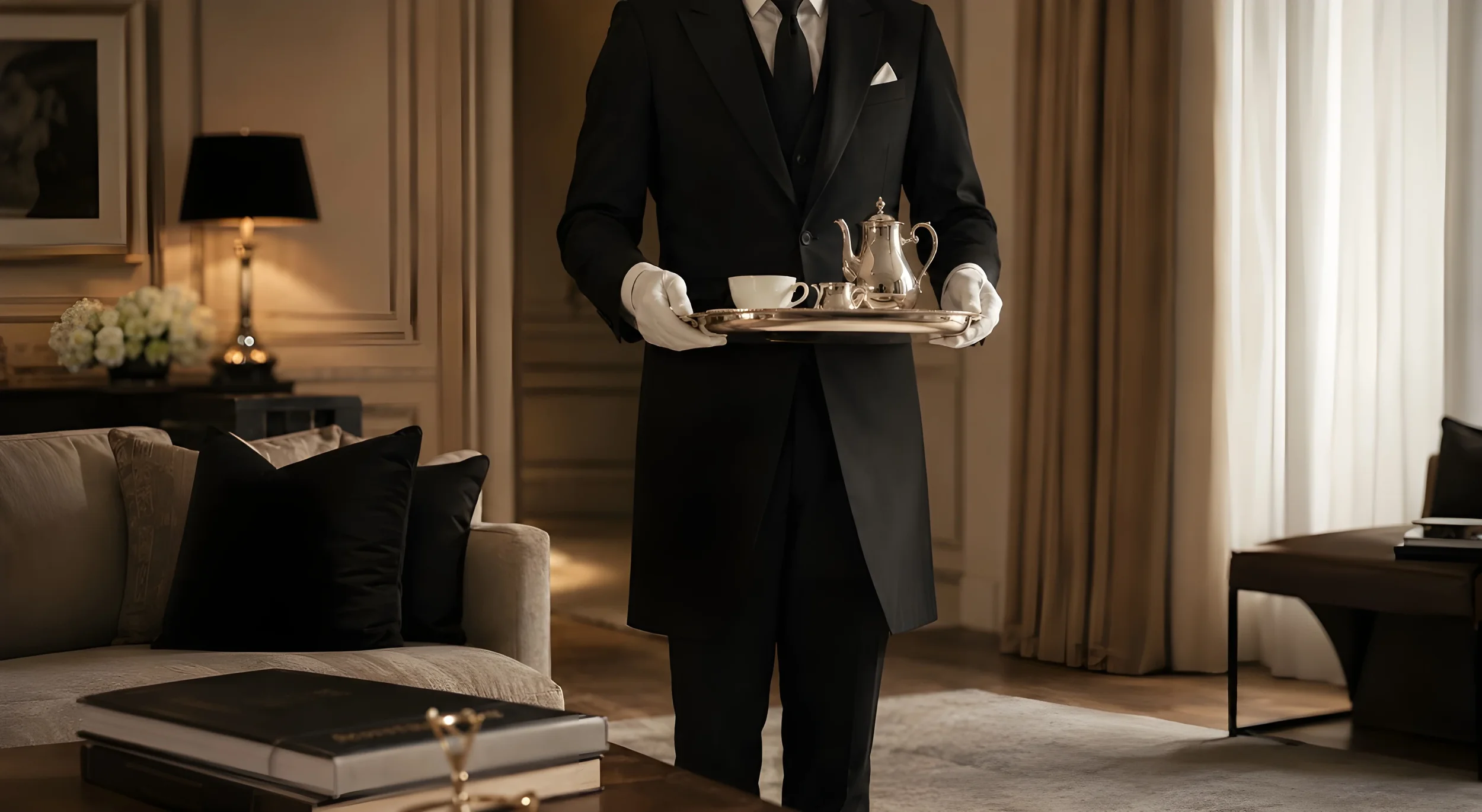 En servitör i svart uniform med vit handskar som bär ett silverfat med en tekanne, en sockerskål och en kopp i ett elegant inrett rum.