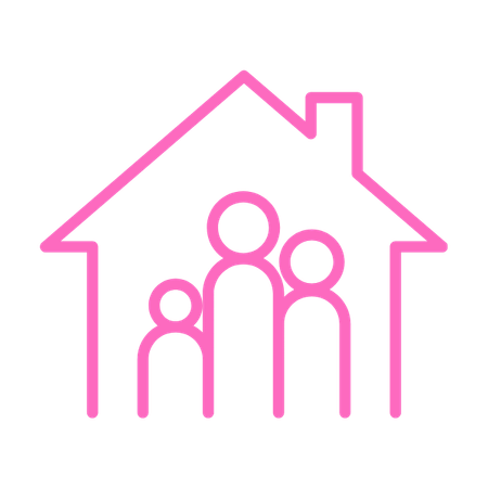 Outline of a house with three people inside, depicted in pink neon lines.