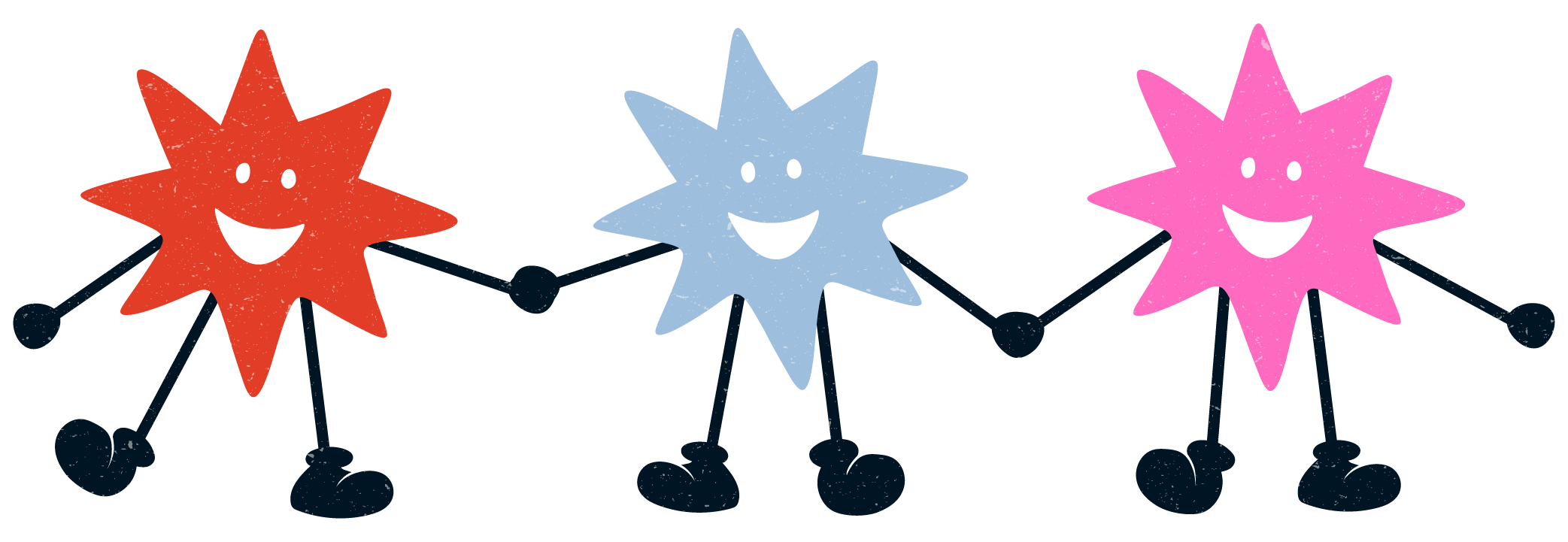 Three colorful cartoon stars holding hands. The stars are red, blue, and pink, with smiling faces and stick-figure arms and legs.