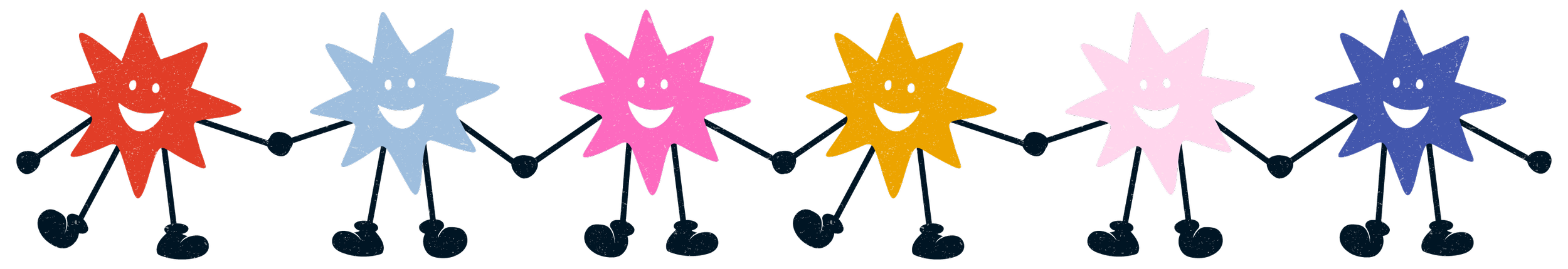 Colorful cartoon star-shaped characters with smiling faces holding hands, arranged in a row.