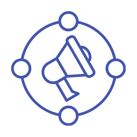 Line drawing of a megaphone surrounded by a circle with four smaller circles at equal intervals.
