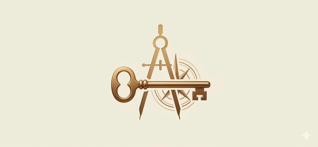 A golden key overlapped with a compass and a geometric design on a light background.