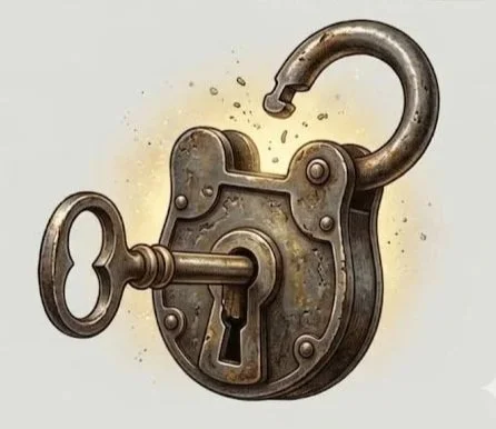 An illustration of an old-fashioned padlock with its shackle open, featuring a key inserted into the lock.