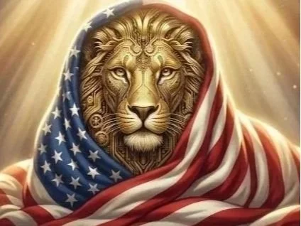 A lion with a mane wrapped in the American flag, with stars and stripes visible, in a patriotic style.