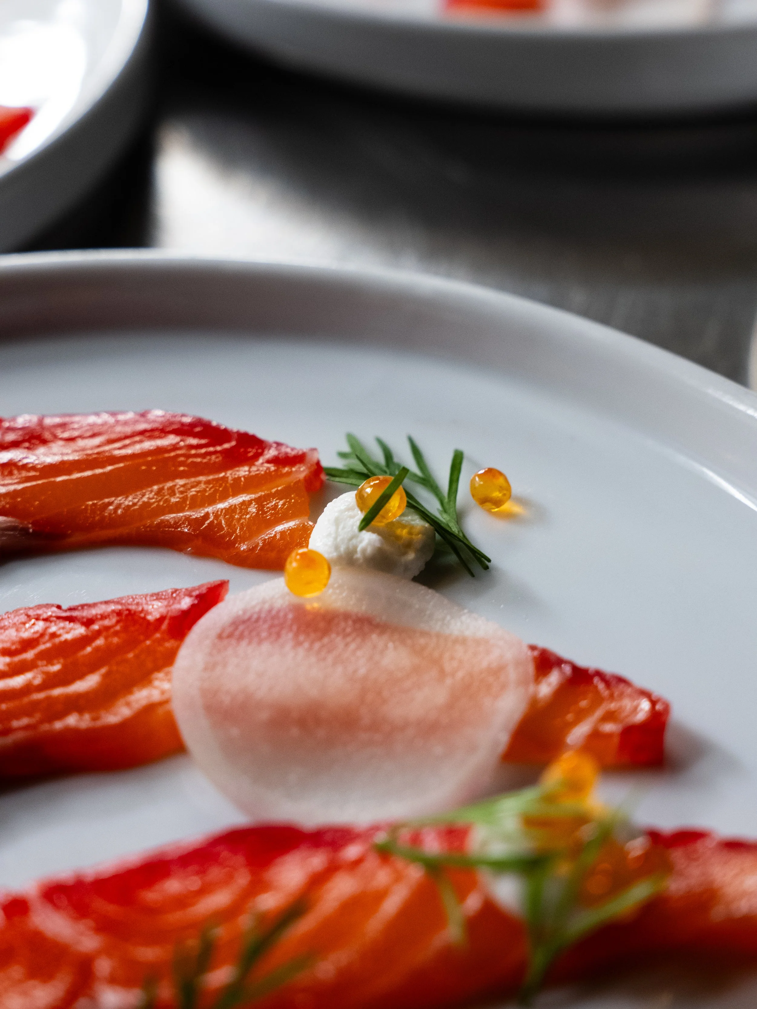 Close-up of a white plate with smoked salmon, garnished with herbs, white sauce, and yellow pearl-like toppings.