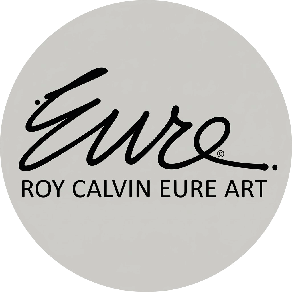 Logo with the word 'eure' in black cursive font and 'ROY CALVIN EURE ART' in capital letters below, all on a gray circular background.
