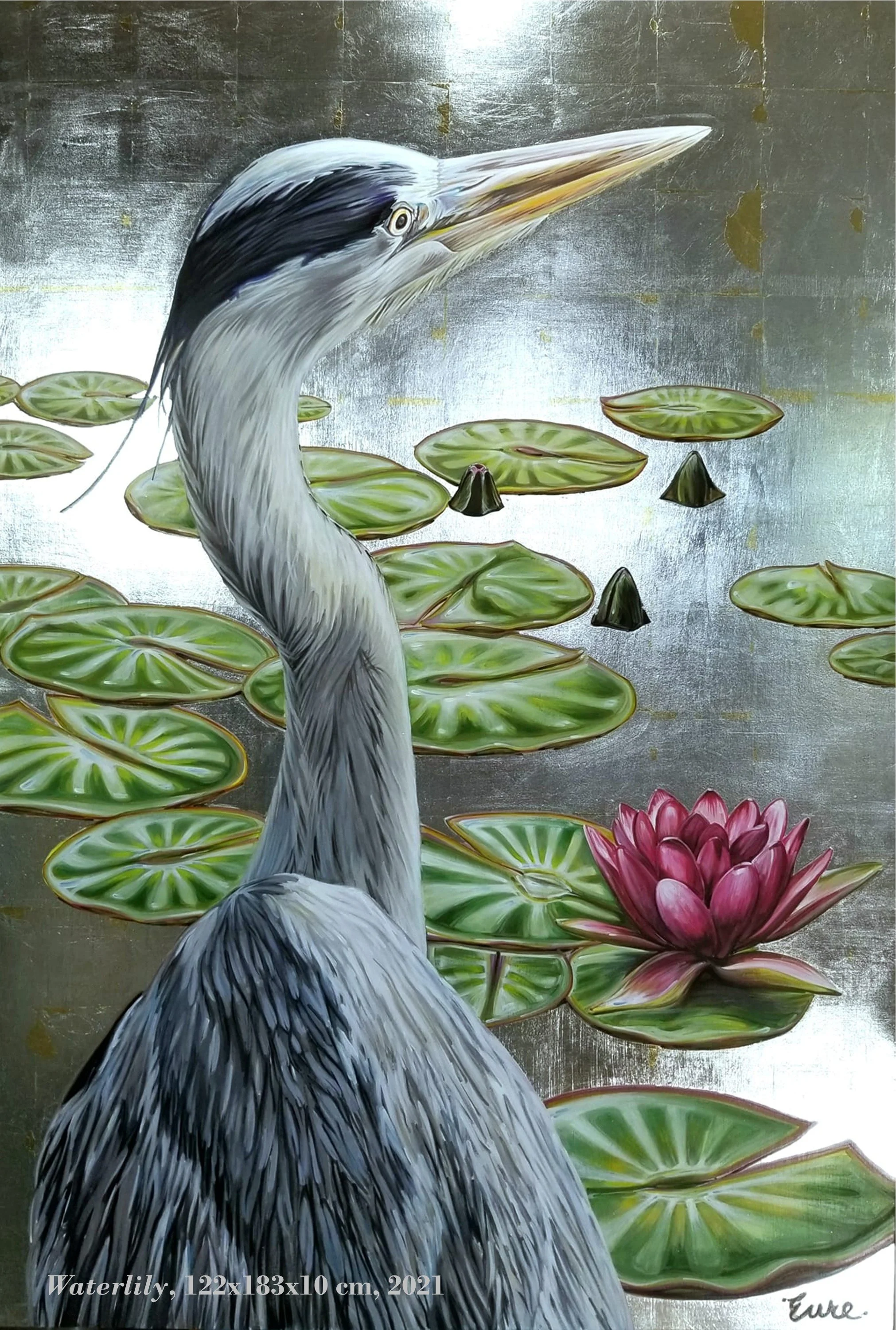 A painting of a heron standing in water surrounded by lily pads and a pink water lily flower, with a metallic background.