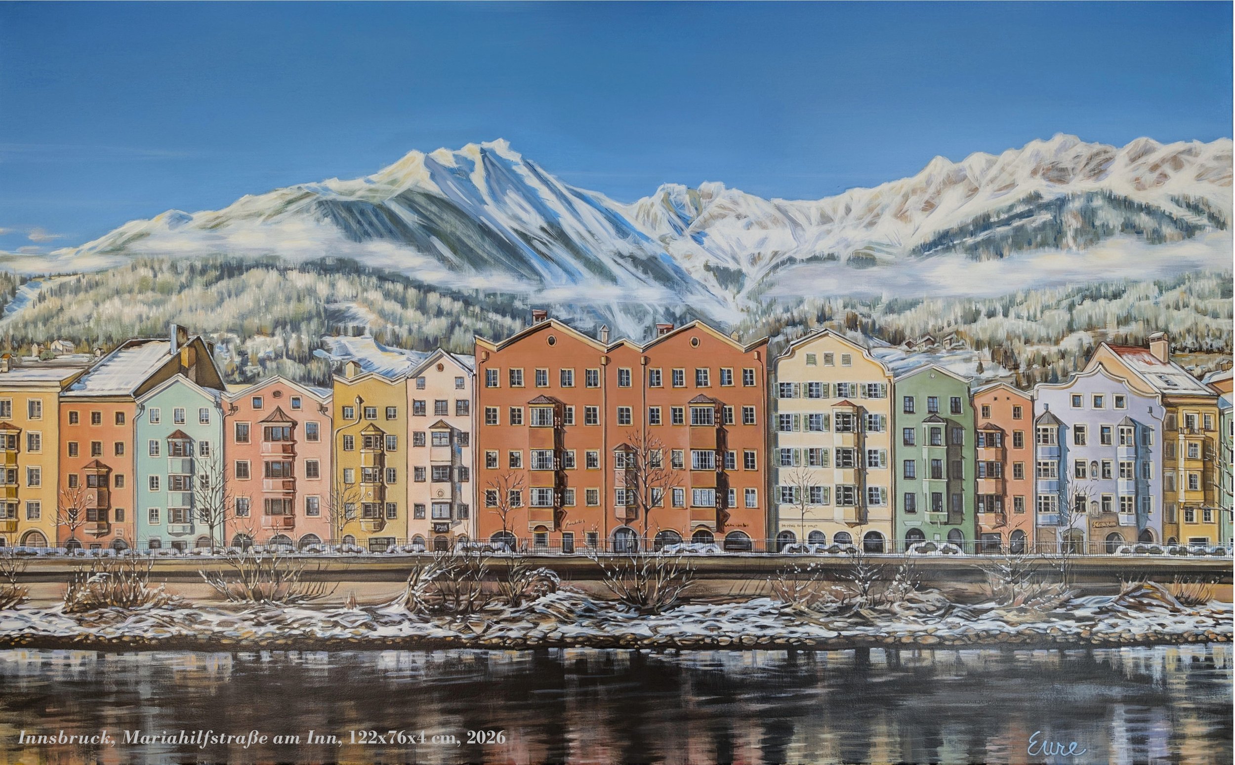 A colorful painting of a row of buildings beside a river, with snow-covered mountains in the background. The buildings are pastel-colored, with some having bay windows and balconies. The scene appears to be winter, with snow on the ground and trees without leaves.
