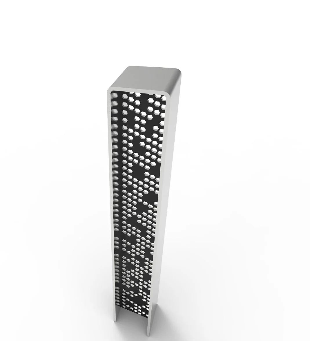 A modern stainless steel bollard with a honeycomb pattern