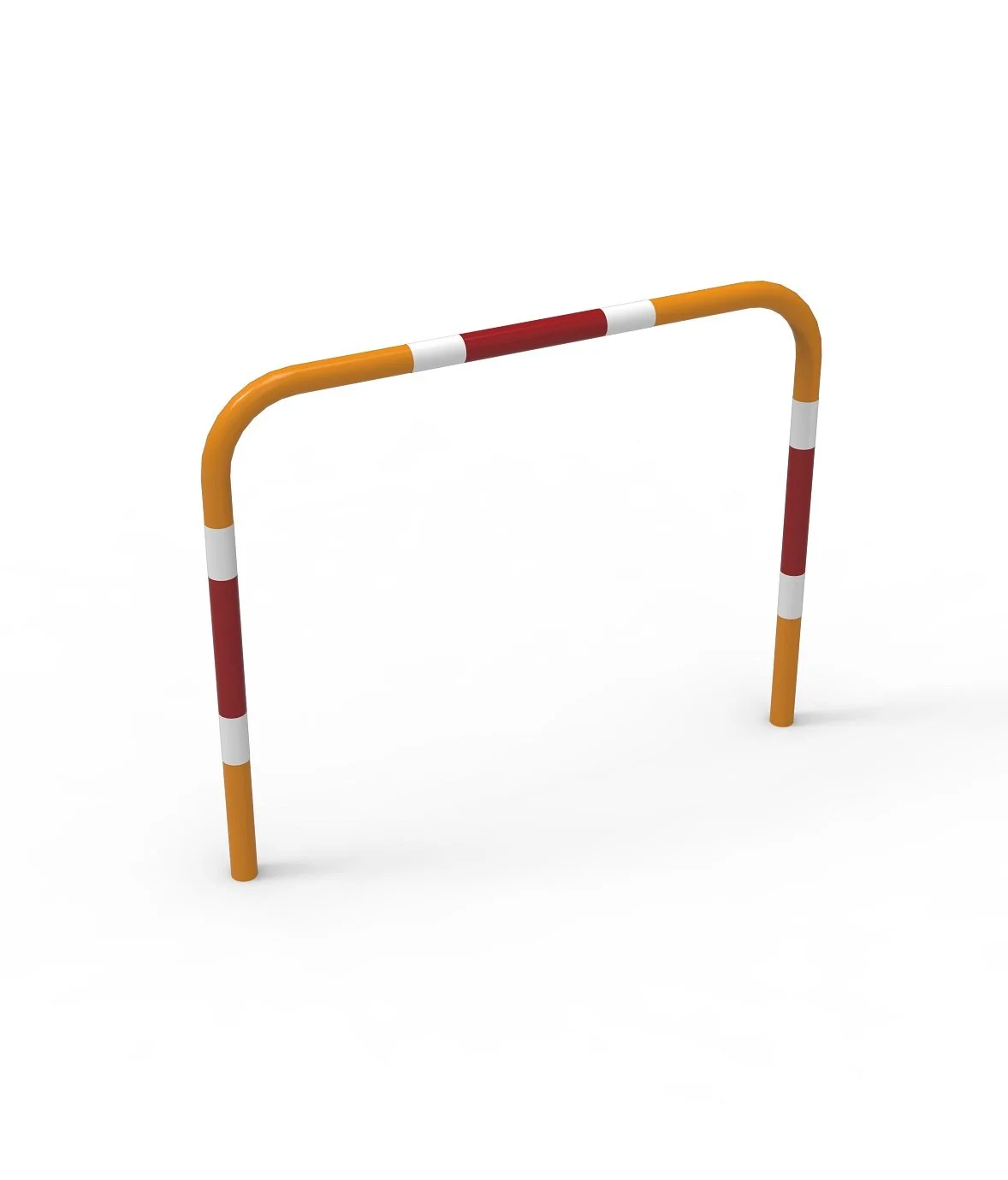 Colorful metal barrier with orange and red stripes, positioned in an open space.