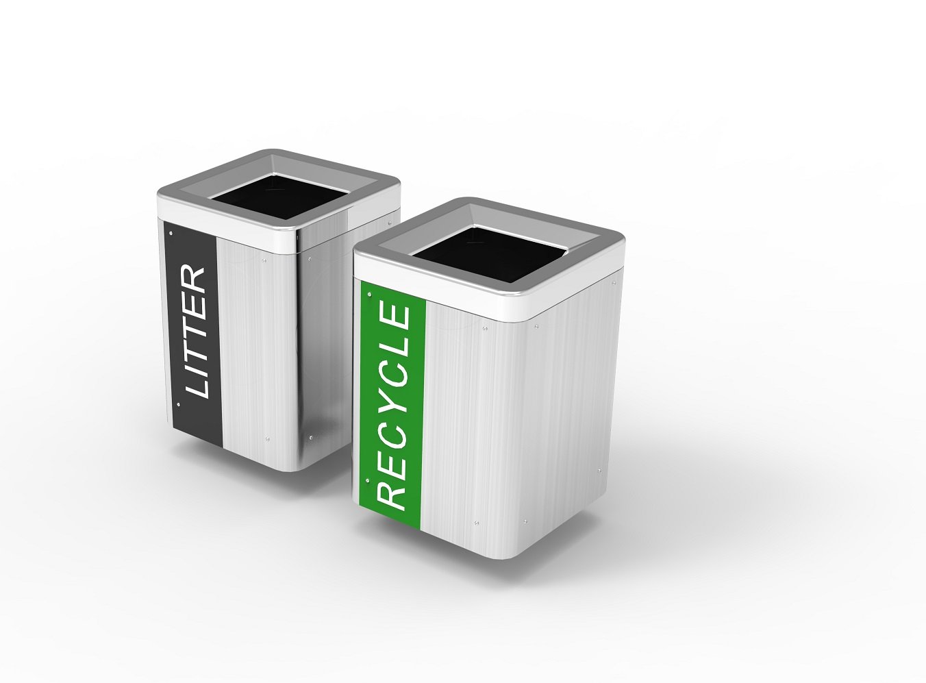 Two modern recycling bins, one labeled 'LITTER' with a black stripe and the other labeled 'RECYCLE' with a green stripe, placed on a white background.