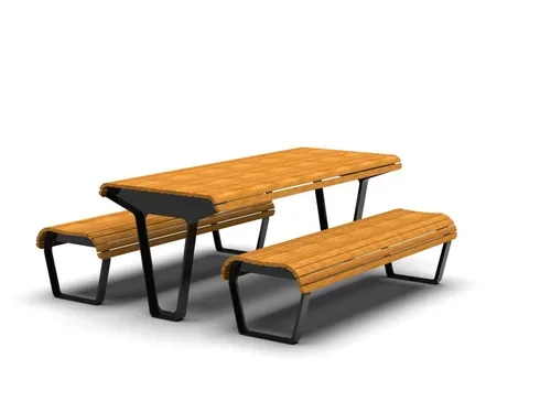 Outdoor picnic table with two matching benches, all made of wood and black metal frames, on a plain white background.