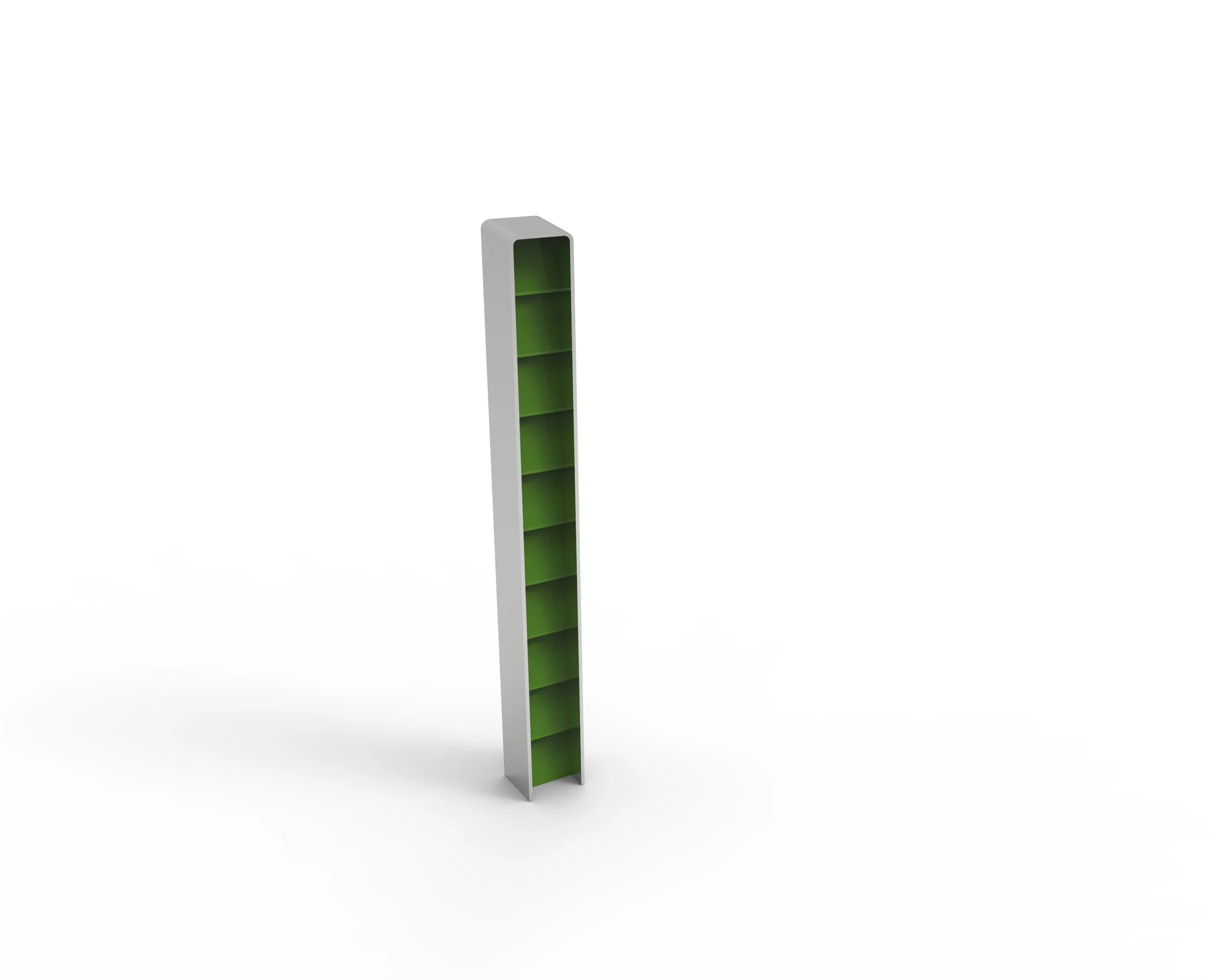 A tall, white bookshelf with a curved top and green interior shelves standing alone against a white background.