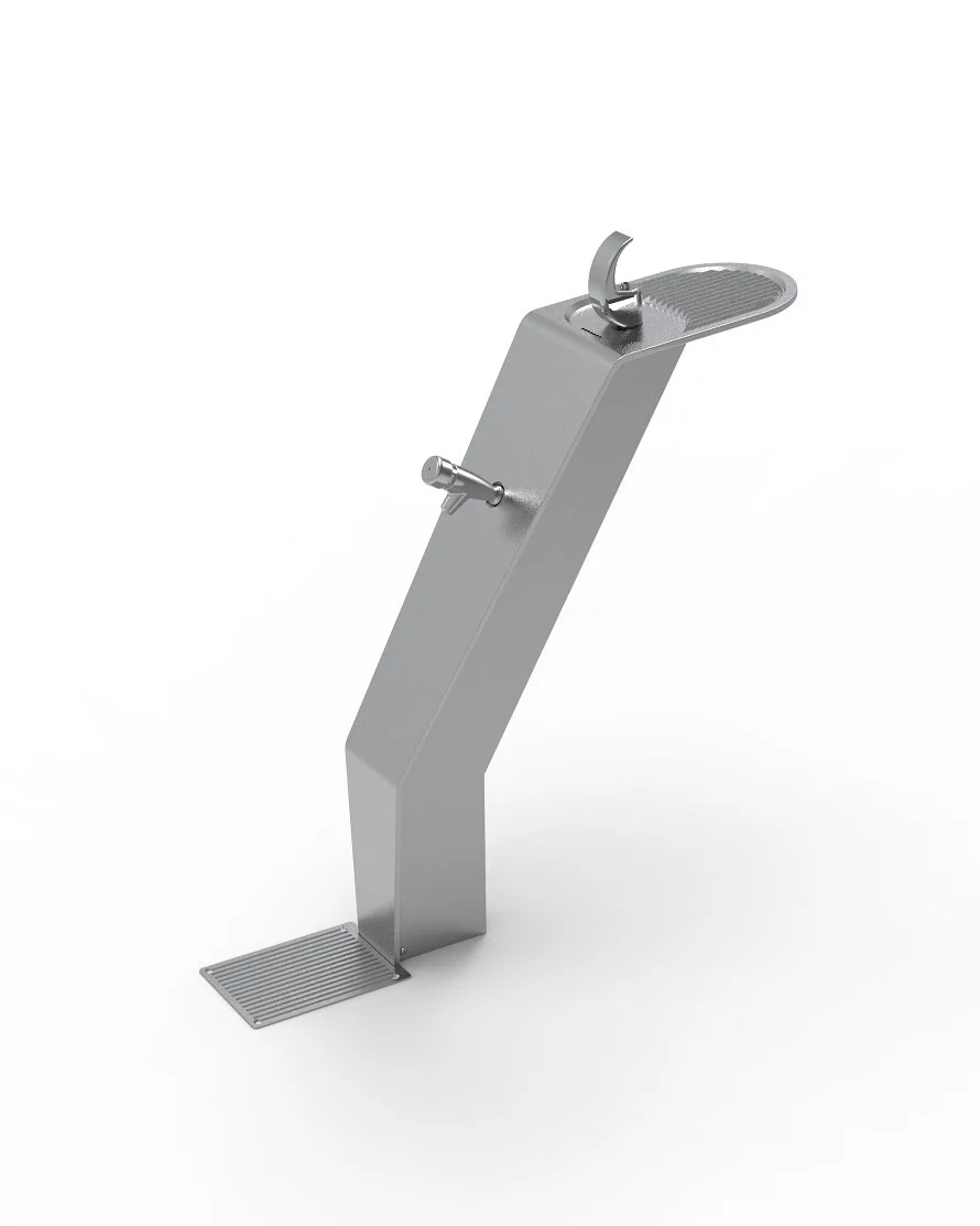 A stainless steel drinking fountain