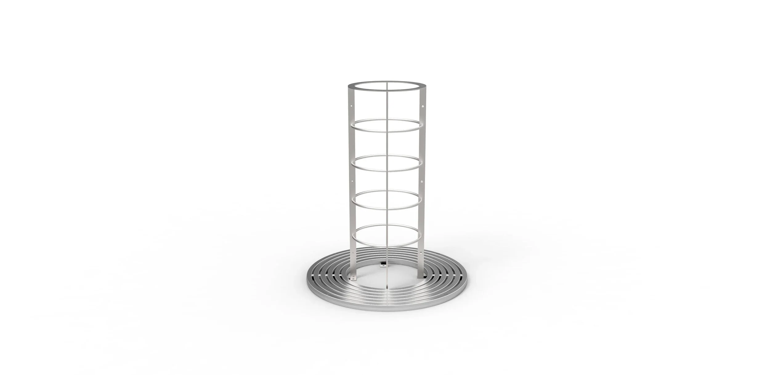 A tall, circular metal display stand with four shelves, set on a round base with concentric rings, against a plain white background.