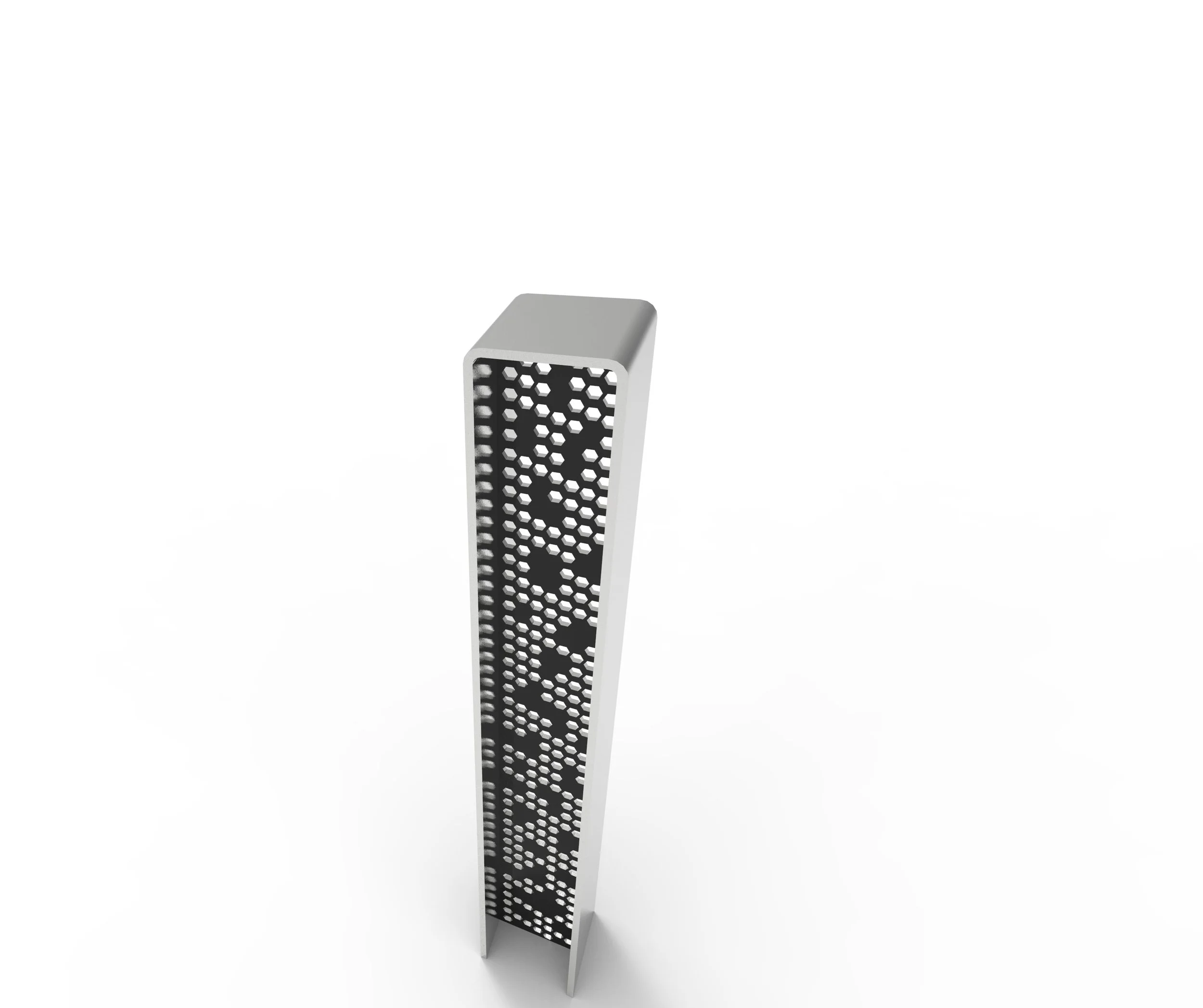 Metallic rectangular air vent with hexagonal holes, standing vertically on a white background.