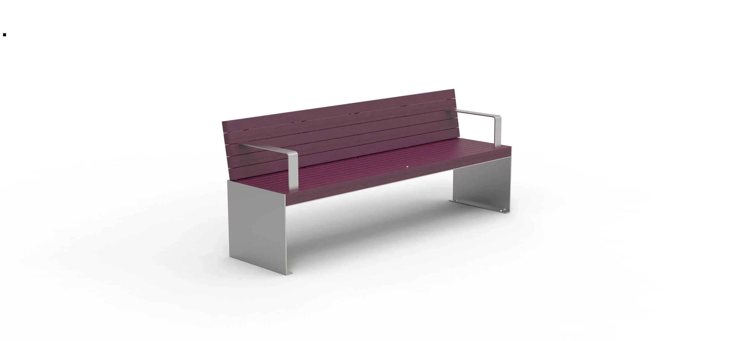 Modern outdoor bench with purple wooden slats and silver metal armrests and supports on a white background.