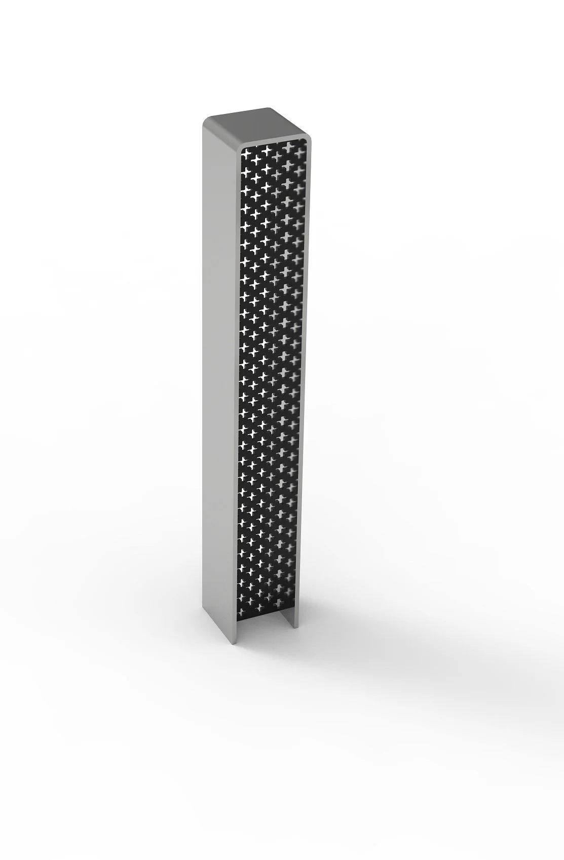 A tall, rectangular stainless steel bollard with a black, cross-shaped pattern on its front face.