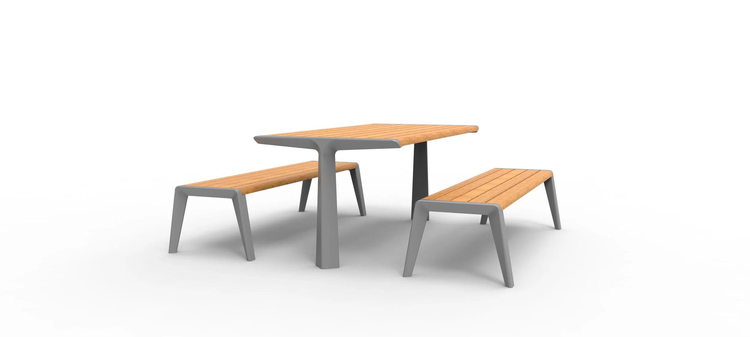 A modern outdoor picnic table with two matching benches, featuring wooden slats for the tabletop and seats, and gray metal frames, set against a plain white background.