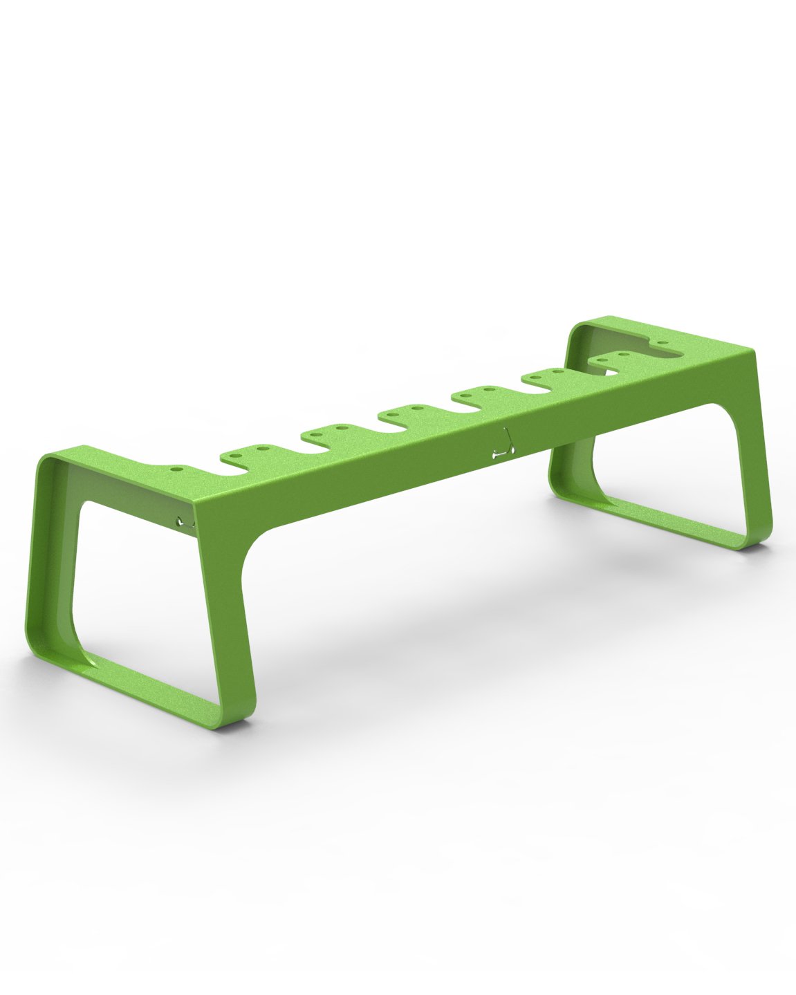 Green metal fitness step bench with adjustable height settings.