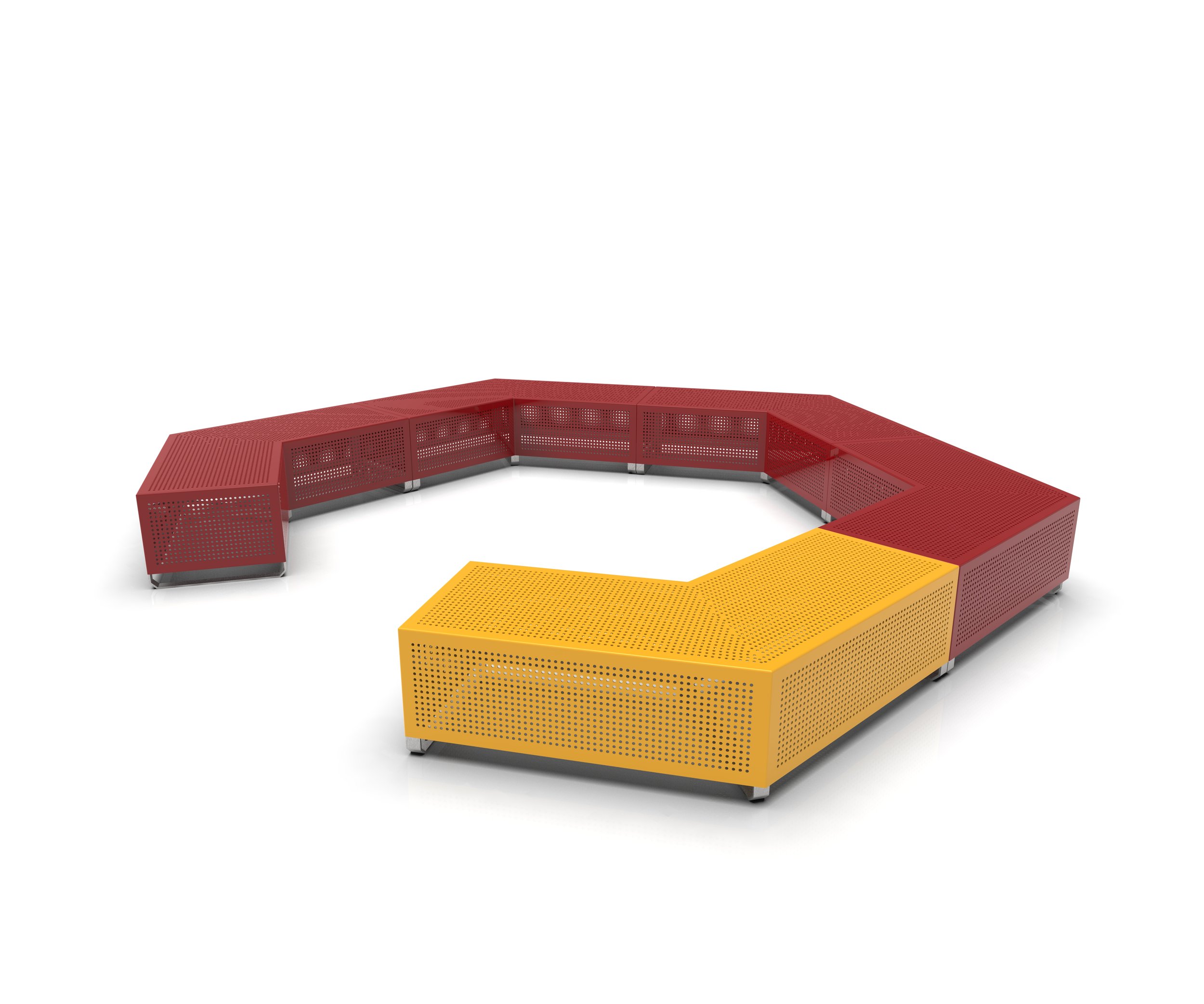 Colorful modular seating arrangement with red and yellow perforated metal panels forming a circular shape.
