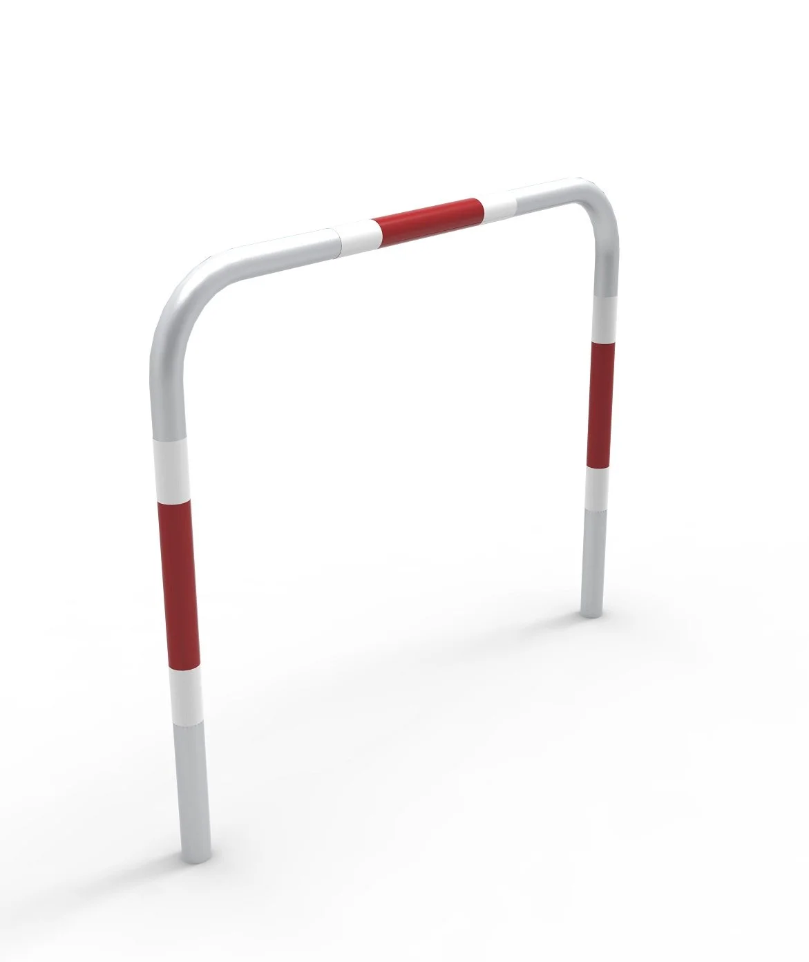 White and red striped barrier or obstacle on a plain white background.