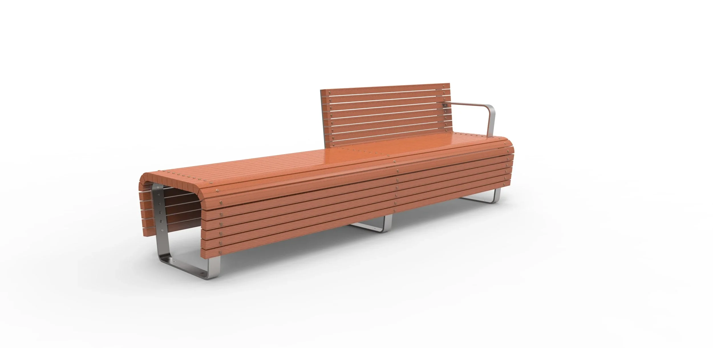 A modern outdoor park bench with wooden slats and metal armrests and legs, set against a plain white background.
