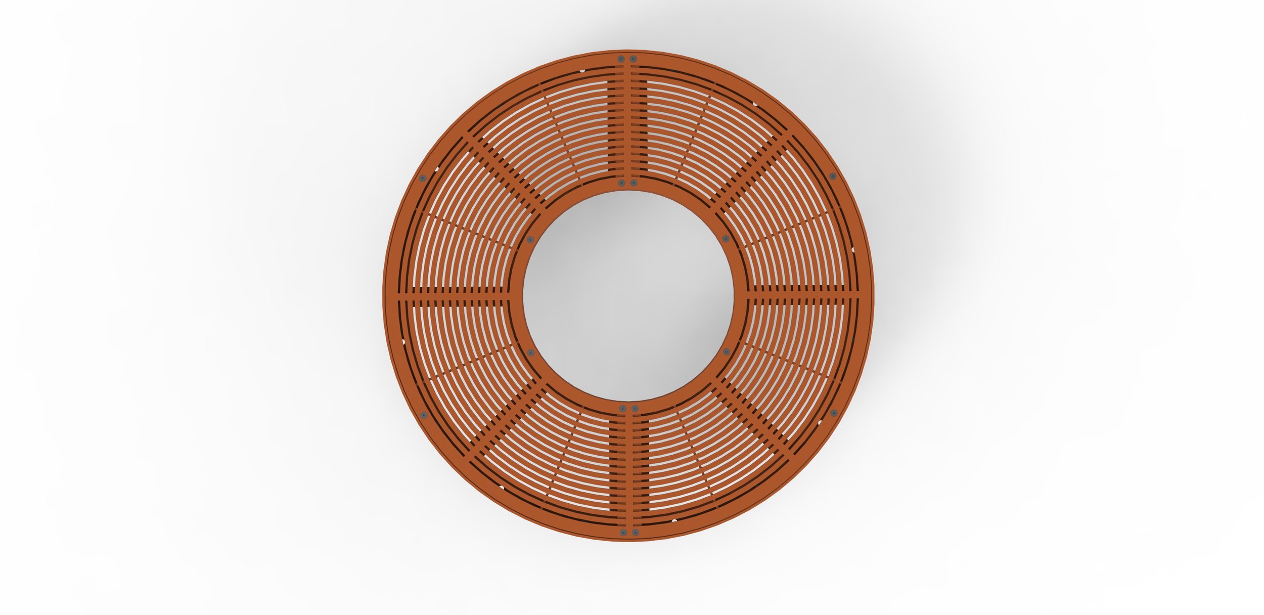 Top view of a round, orange decorative tree grate with a circular opening in the center, mounted on a white background.