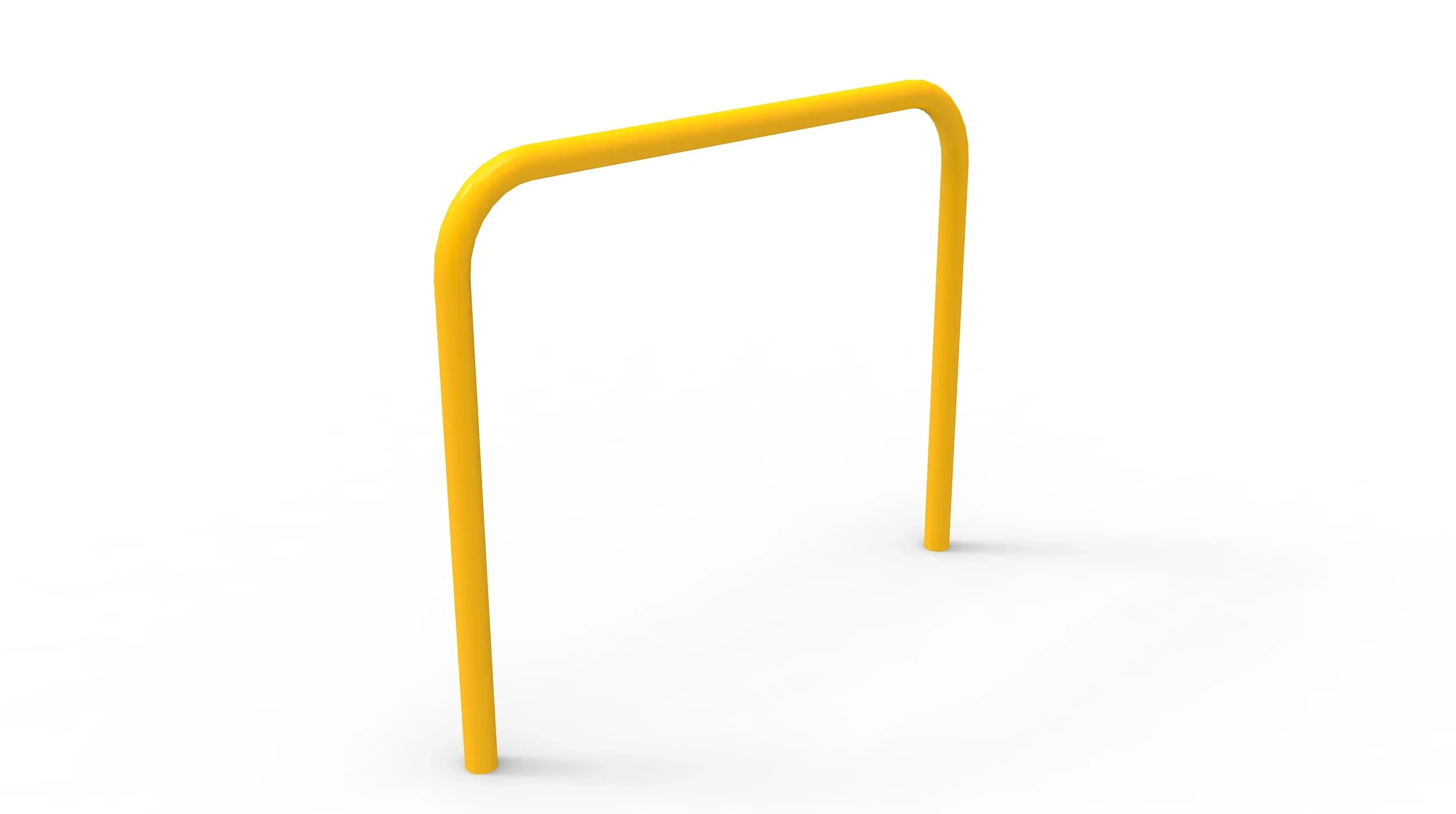 A bright yellow metal barrier with two vertical supports and a horizontal curved top on a white background.