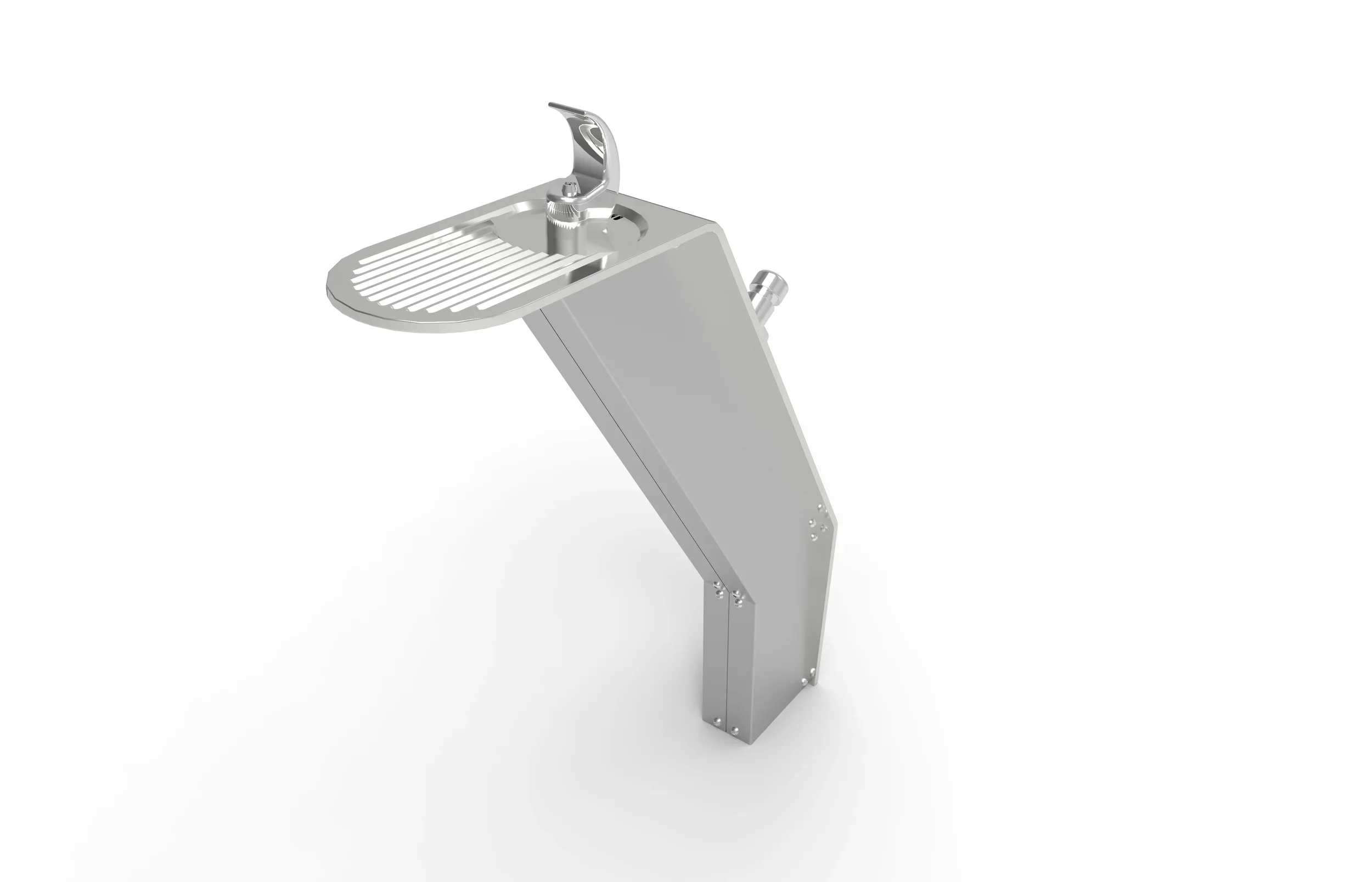 Stainless steel architectural outdoor water fountain with a curved spout and a sloped drainage area.